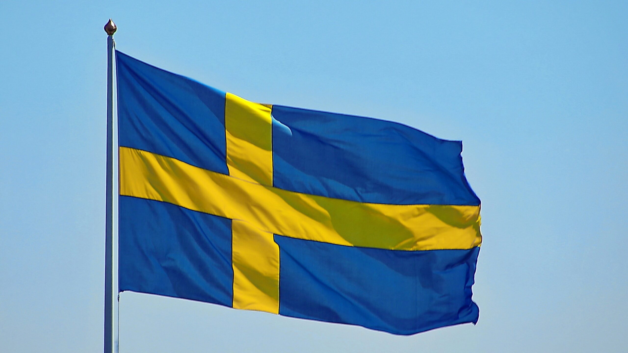 Swedish flag waving against a blue sky, representing Sweden in a financial news story about the economy, markets, or business.